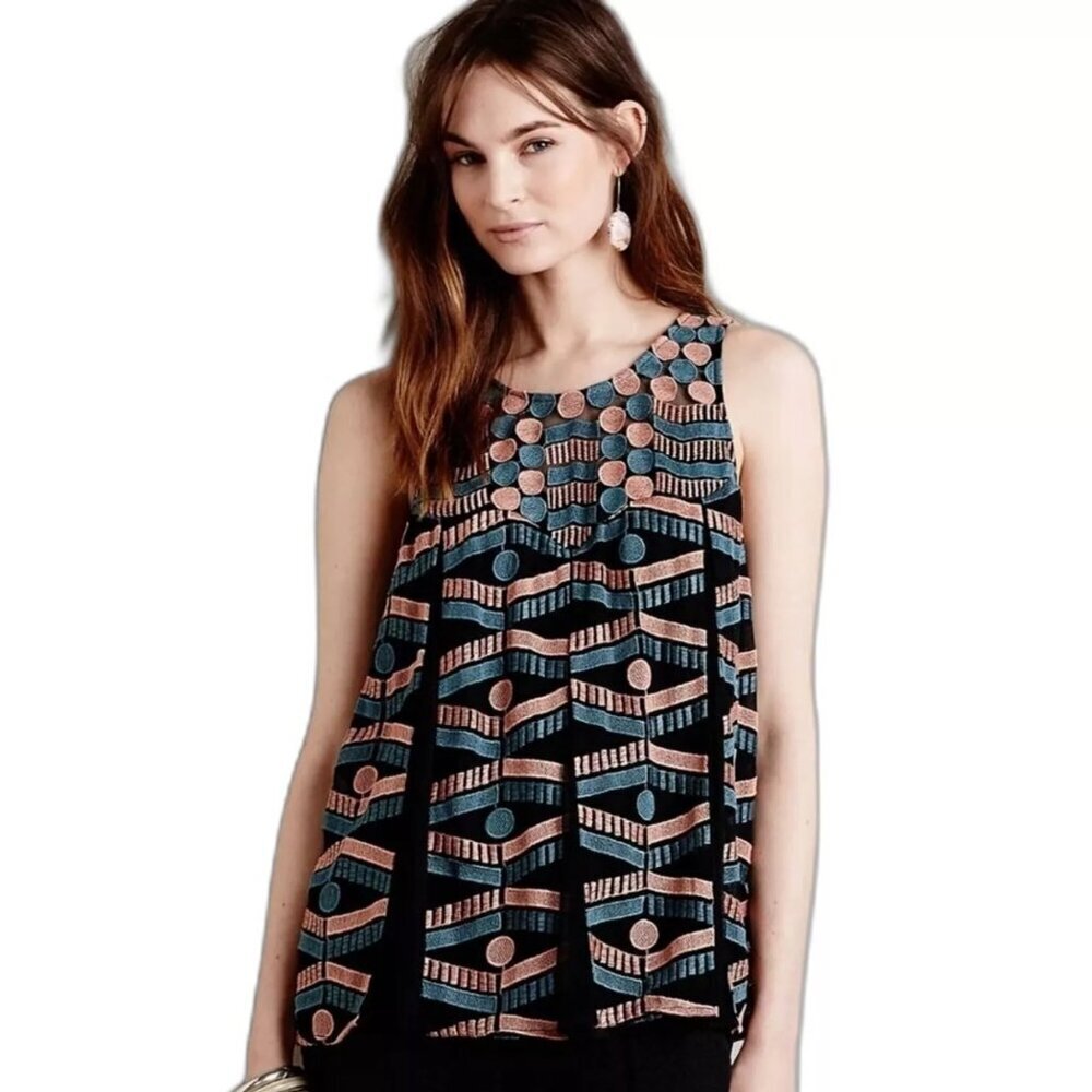 ANTHROPOLOGIE Akemi + Kin Kalila Black Mesh Blue Embroidery Sheer Blouse Tank XS